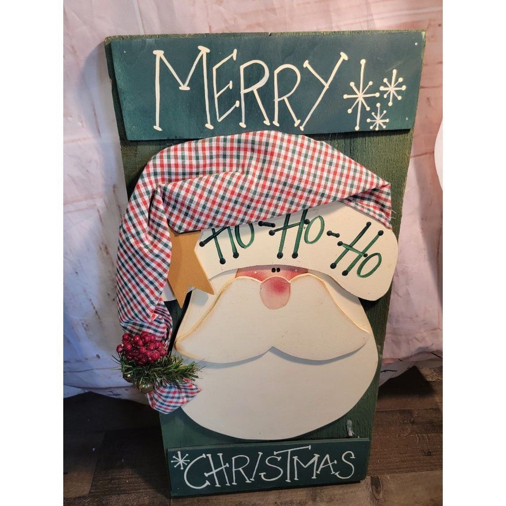 Wooden Merry Xmas ho ho ho‎ santa Mistletoe bell sign decor